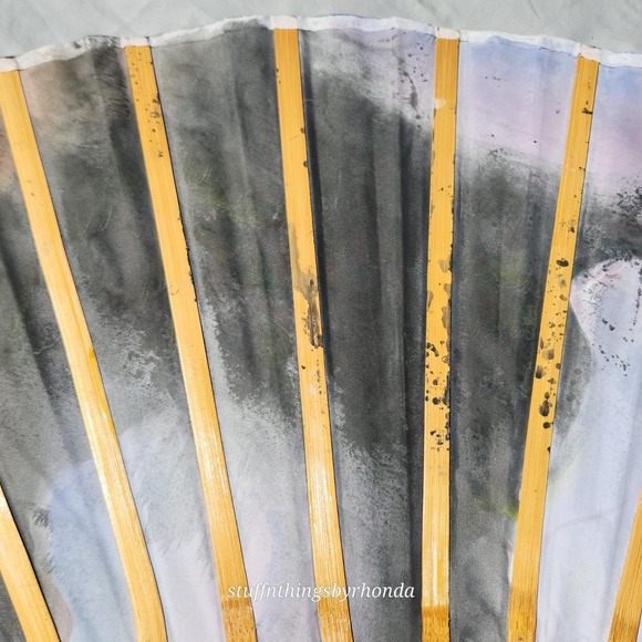 Vintage AsianFantasy Valley Large Bamboo & Silk Wall‎ Fan Handpainted 60"X35" - Picture 6 of 10